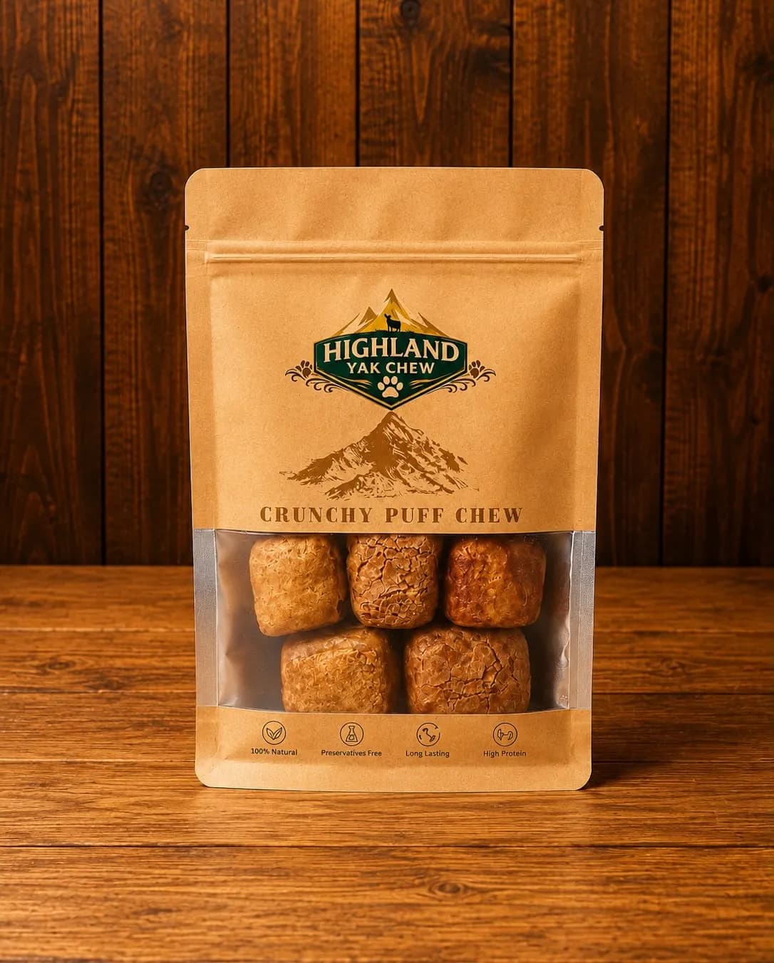 Highland Yak Chew Crunchy Puff Chew pouch with puffed yak milk treats visible through the window