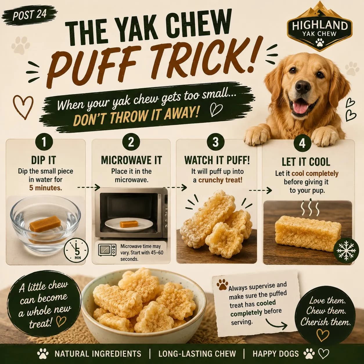 Four-step yak chew puff trick: soak the small end piece in water, microwave it, watch it puff, then let it cool completely before serving