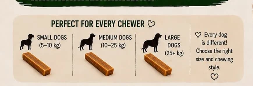 Highland Yak Chew size panel: small chews for dogs 5–10 kg, medium for 10–25 kg, large for dogs over 25 kg