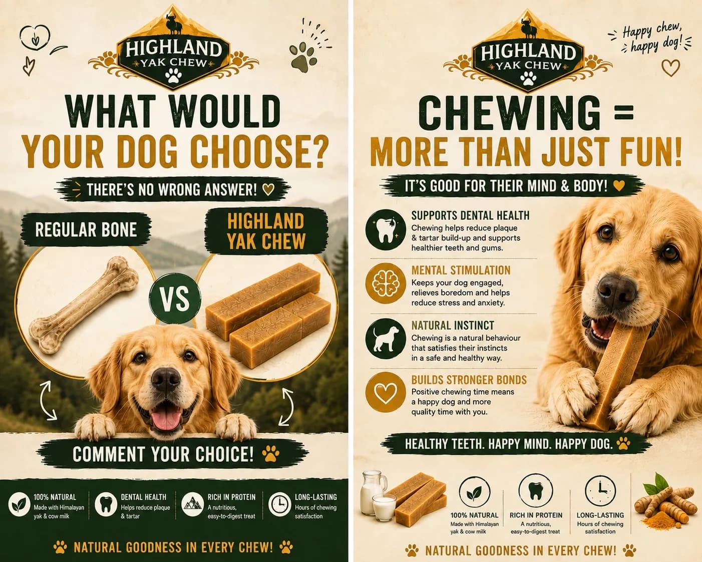 Highland Yak Chew graphic asking what your dog would choose — a regular bone or a Highland Yak Chew — next to a chewing-benefits panel