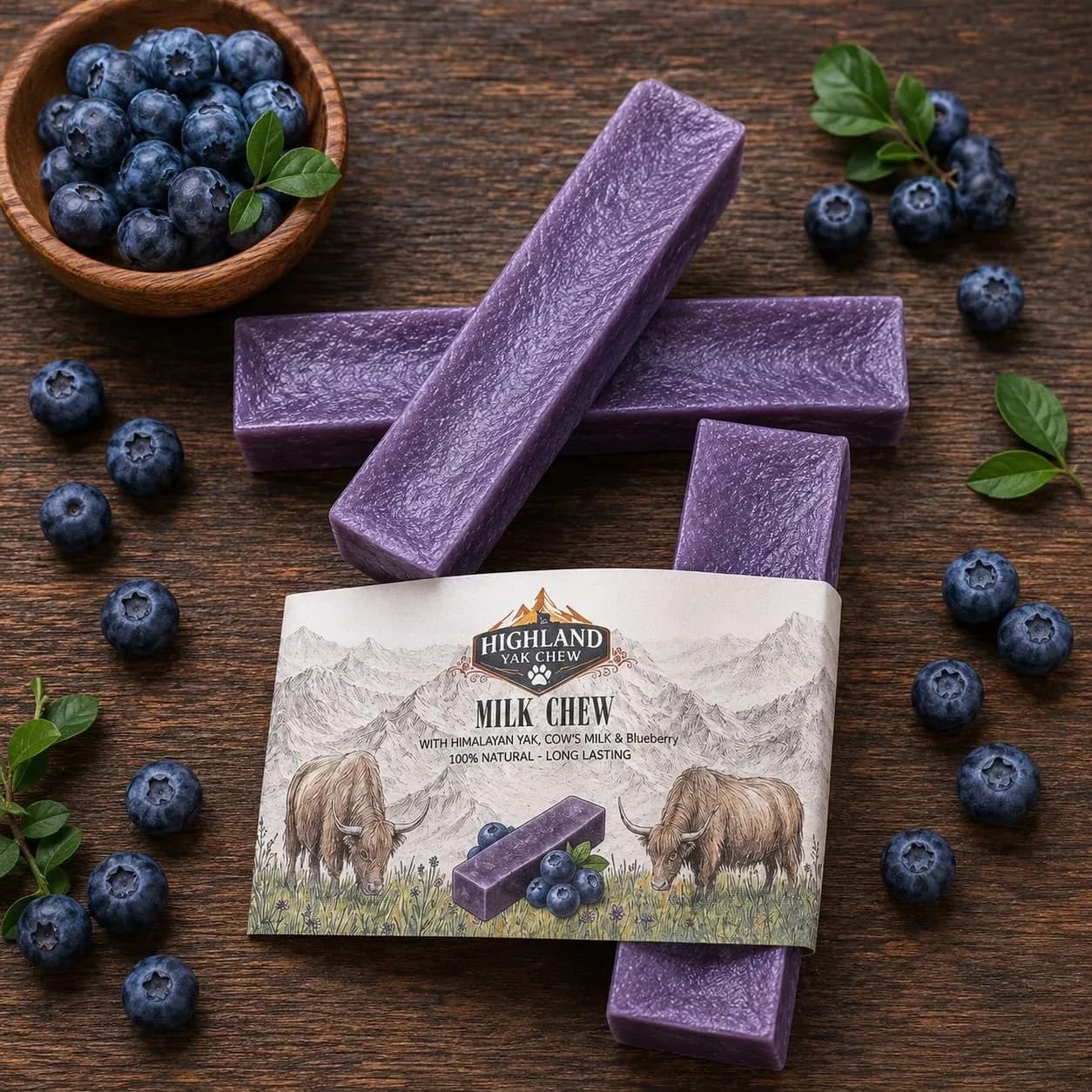 Purple blueberry yak milk chews on a wooden table with fresh blueberries and a Highland Yak Chew Milk Chew pack