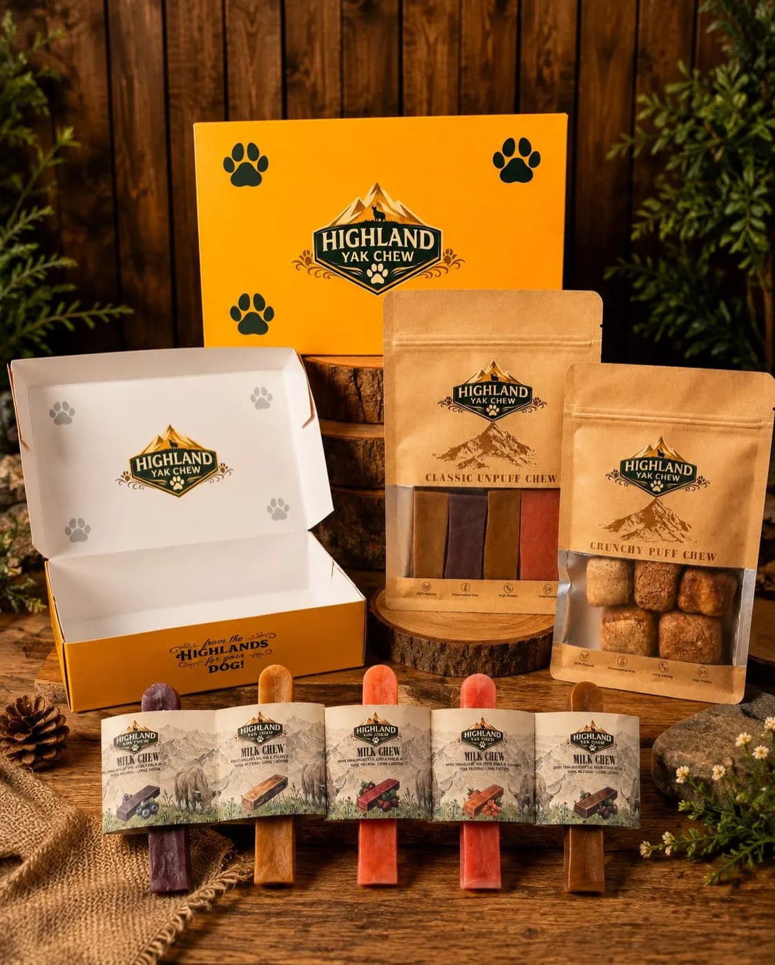 Highland Yak Chew gift box set with flavoured yak milk chews, an unpuffed chew pouch and a crunchy puff chew pouch