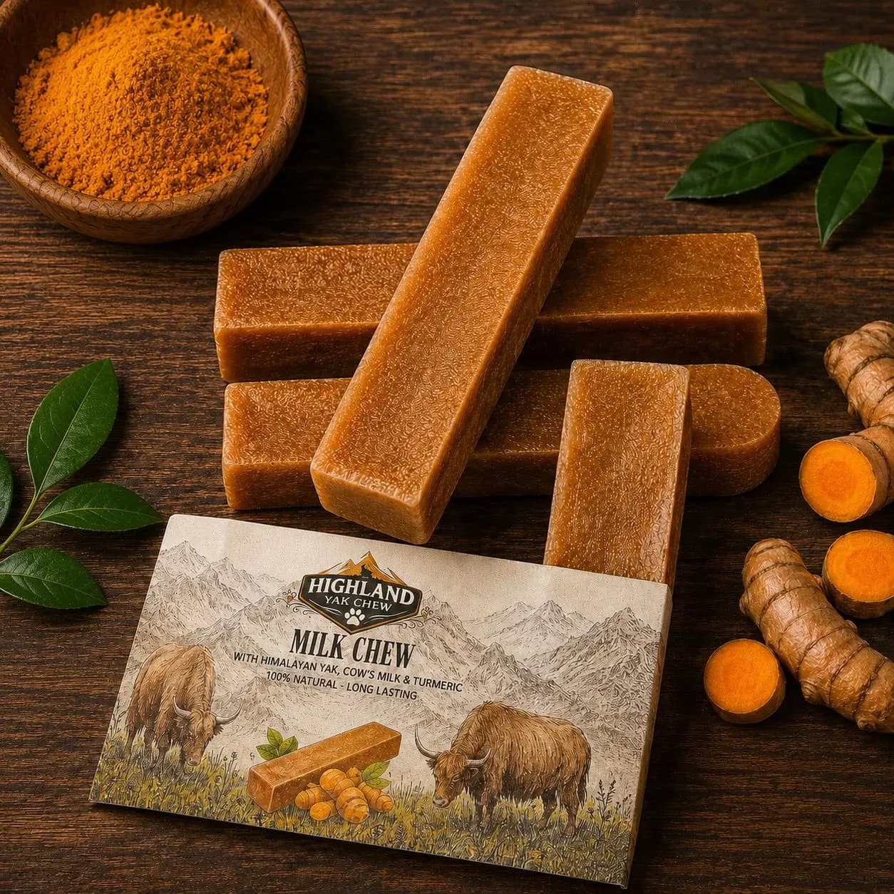 Turmeric yak milk chews with a Highland Yak Chew pack showing yaks grazing below Himalayan peaks