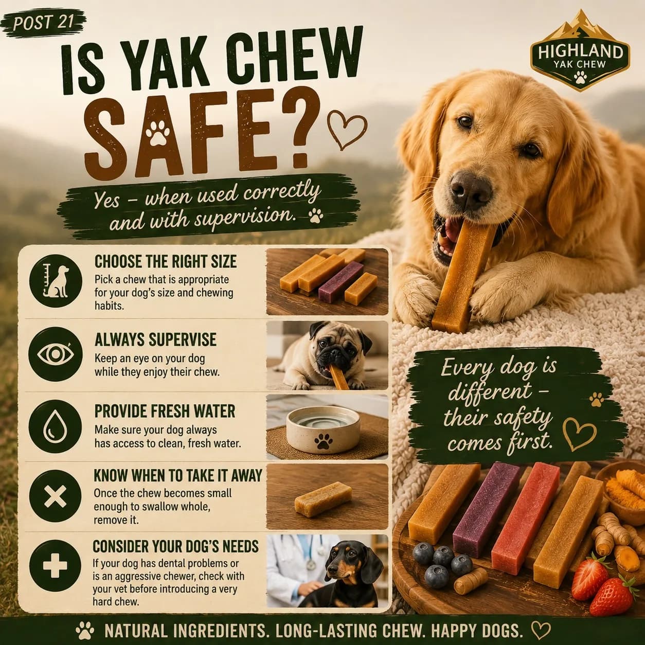 Highland Yak Chew infographic: is yak chew safe? Yes, when used correctly and with supervision — choose the right size, always supervise, provide fresh water, take it away when it gets small, and consider your dog’s needs