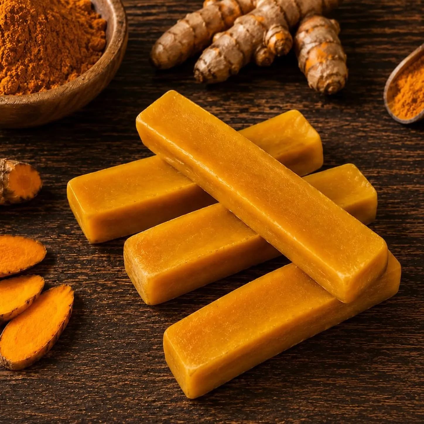 Turmeric yak milk dog chews beside fresh turmeric root
