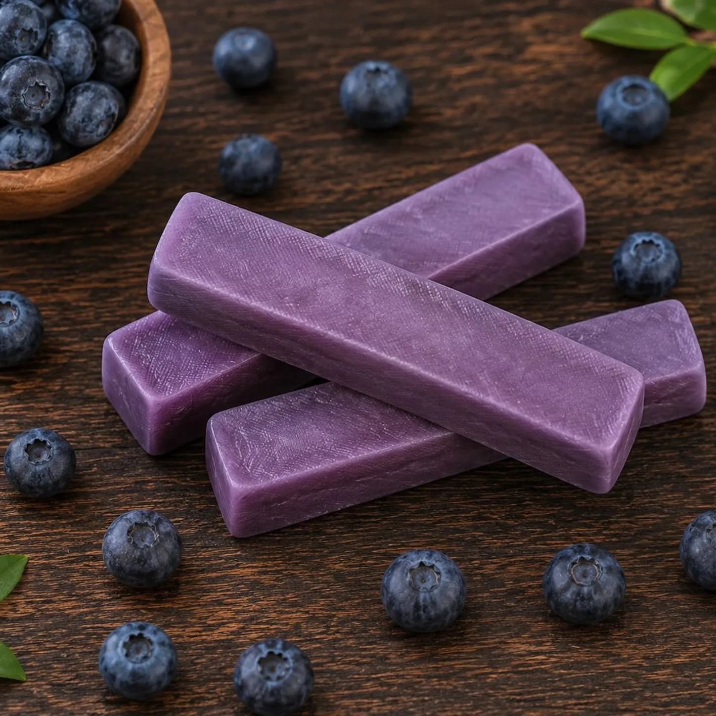 Blueberry yak milk dog chews scattered with fresh blueberries