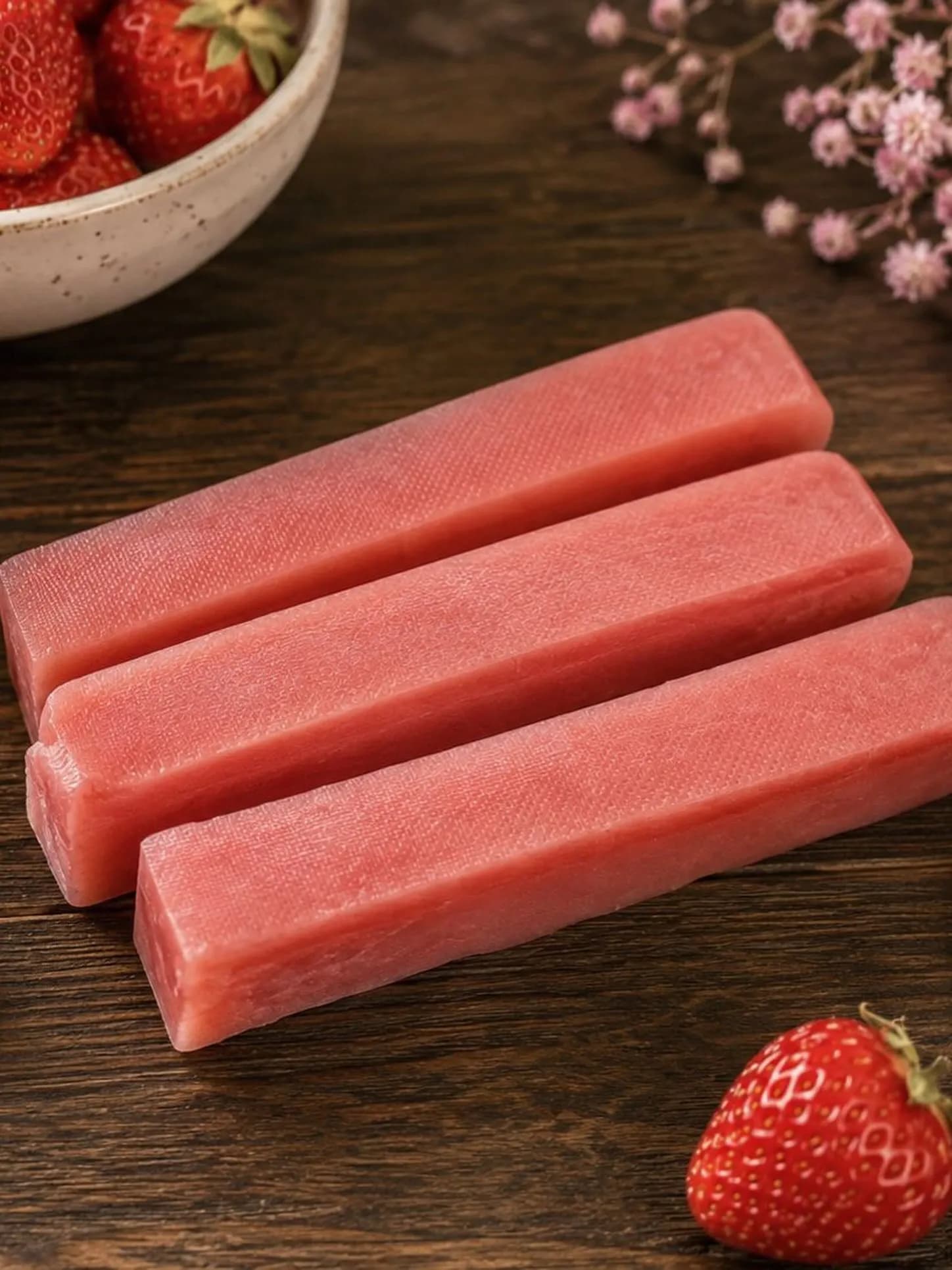 Strawberry yak milk dog chews with fresh strawberries