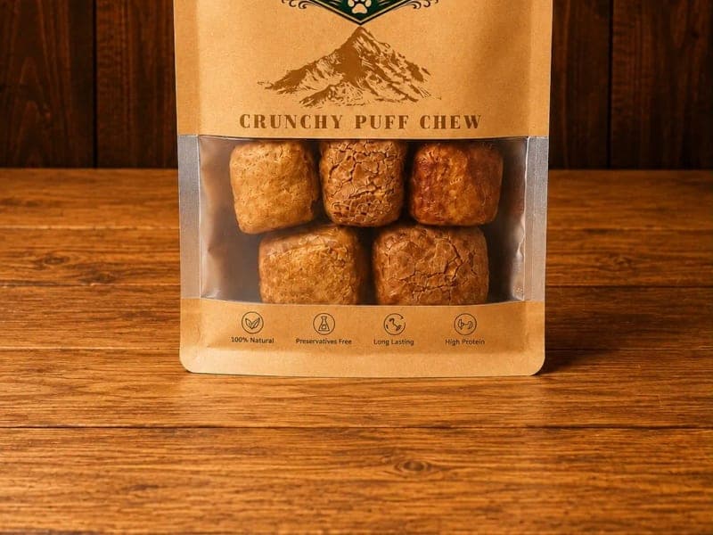 Highland Yak Chew Crunchy Puff Chew pouch with puffed yak milk treats visible through the window