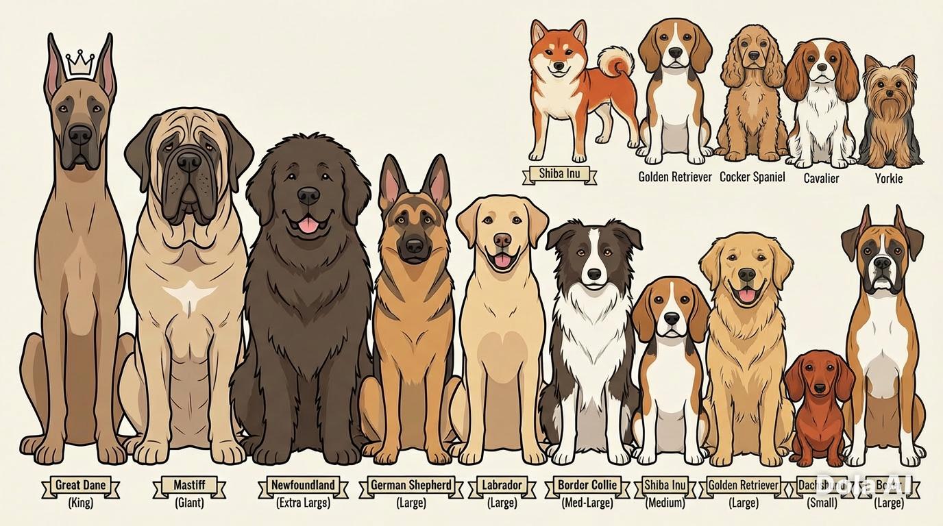 Dog size comparison chart showing breeds from King to Small